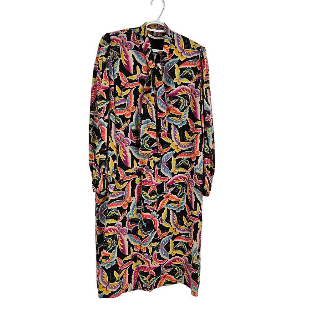 Hanae Mori Shift Dress Black Multi Butterfly Print Silk Tie Neck Long Sleeve S